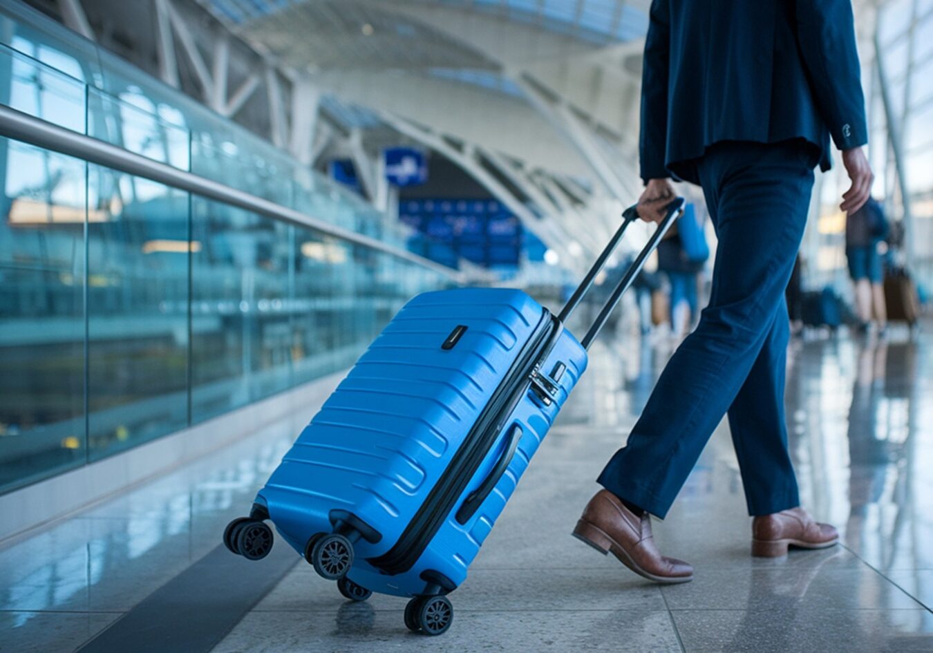 uomo trascina trolley in aeroporto